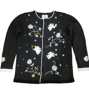 QUACKER FACTORY S Black Angel Sweater Vintage Y2K‎ Holiday Beaded Christmas Knit